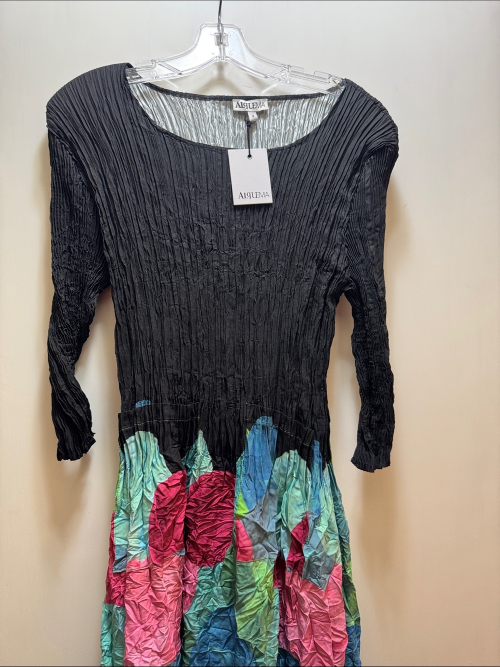 Black Crinkle Dress with Multicolor Floral Skirt